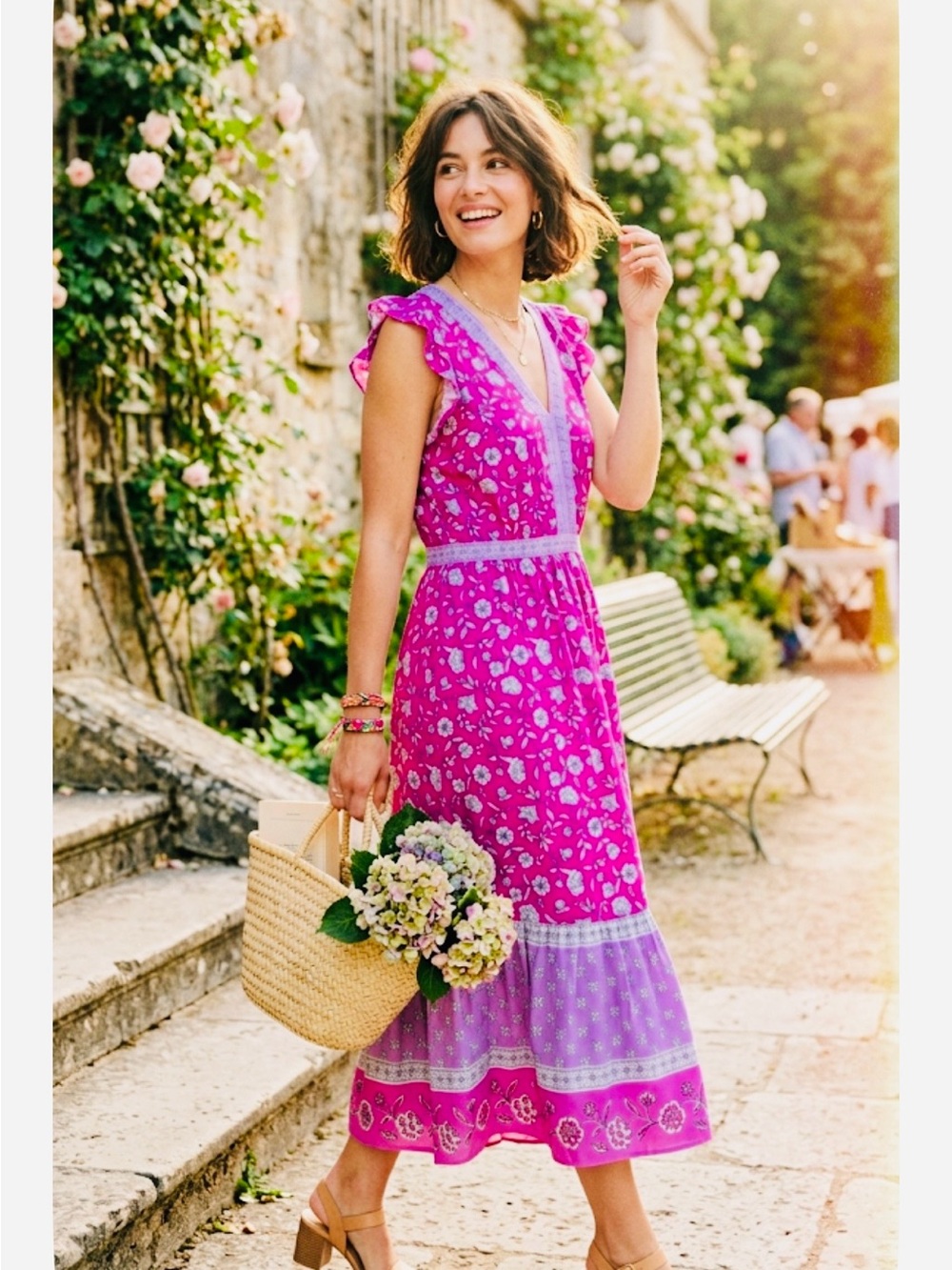 Boho Floral Flutter-Sleeve Midi Dress. LOFT. Size 14.